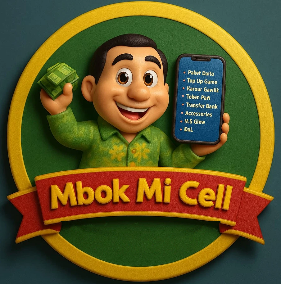 Logo Mbok Mi Cell: tokoh kartun memegang HP dan uang